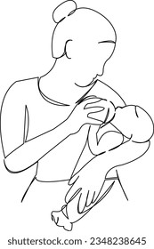 One continuous single drawing line art flat doodle  milk, bottle, newborn, child, baby, mother, feeding, infant. Isolated image hand draw contour on a white background
