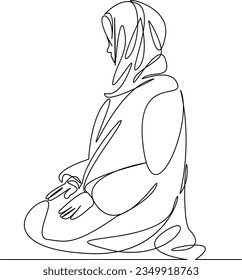 Una línea de dibujo continua arte de doodle plano religión, hembra, religión, musulmán, tradicional, mujer, islam, árabe, allah, oración. Contorno de dibujo a mano de imagen aislada en un fondo blanco
