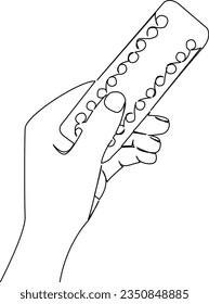 One continuous single drawing line art flat doodle  pill, hand, contraceptive, medicine, health, pharmacy, woman, gynecology, pregnancy. Isolated image hand draw contour on a white background
