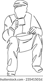One continuous single drawing line art flat doodle dirty, poor, homeless, poverty, hungry, social, adult, street, despair, man, beggar. Isolated image hand draw contour on a white background
