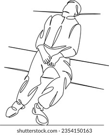 One continuous single drawing line art flat doodle isolated, continuous, drunk, drunkard, man, bench, male, alcoholic, alcoholism, street. Isolated image hand draw contour on a white background
