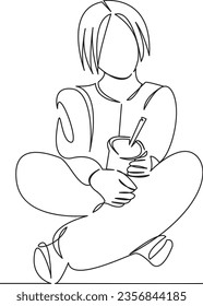 One continuous single drawing line art flat doodle  girl, lemonade, drink, people, lifestyle, woman, beverage, lemon, leisure. Isolated image hand draw contour on a white background
