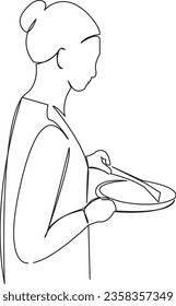 One continuous single drawing line art flat doodle  woman, cook, food, female, frying, kitchen, pan, cooking. Isolated image hand draw contour on a white background
