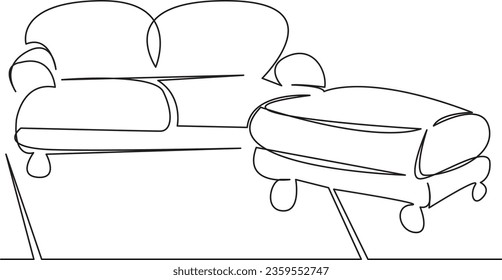 One continuous single drawing line art flat doodle  sofa, modern, ottoman, furniture, carpet, home, comfortable, apartment, stylish. Isolated image hand draw contour on a white background
