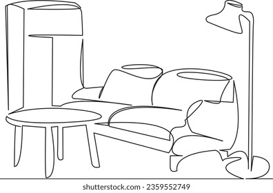 One continuous single drawing line art flat doodle  sofa, interior, furniture, house, room, table, lamp, apartment, indoor. Isolated image hand draw contour on a white background
