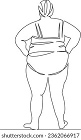 One continuous single drawing line art flat doodle  overweight, beach, fat, swimsuit, woman, body, sea, vacation, plus. Isolated image hand draw contour on a white background
