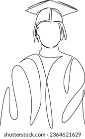 One continuous single drawing line art flat doodle  student, female, education, graduate, school, girl, young, university, cheerful, gown, hat. Isolated image hand draw contour on a white background
