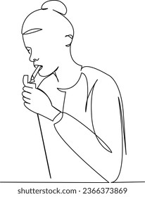 One continuous single drawing line art flat doodle  cigarette, girl, addiction, smoke, female, cancer, habit, nicotine, smoker, tobacco. Isolated image hand draw contour on a white background
