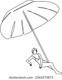 One continuous single drawing line art flat doodle  sea, summer, vacation, girl, beach, holiday, sand, sun, paradise, umbrella. Isolated image hand draw contour on a white background
