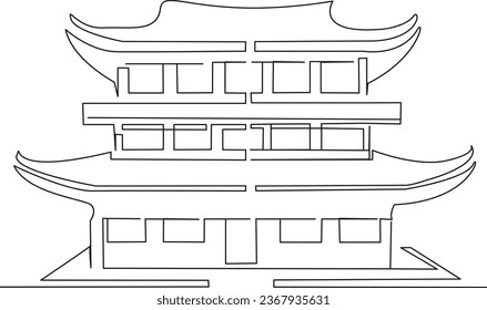 One continuous single drawing line art flat doodle  building, chinese, palace, traditional, architecture, asian, china, tourism. Isolated image hand draw contour on a white background
