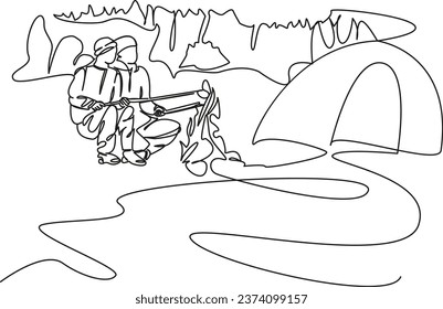 One continuous single drawing line art flat doodle outdoor, fire, forest, bonfire, lifestyle, summer, tourist, vacation, leisure, camp. Isolated image hand draw contour on a white background
