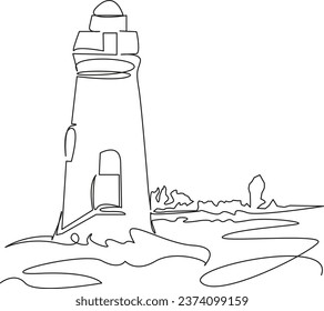 One continuous single drawing line art flat doodle lighthouse, landscape, sea, ocean, light, sky, nautical. Isolated image hand draw contour on a white background
