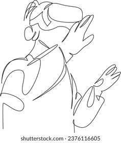 One continuous single drawing line art flat doodle  reality, girl, vr, virtual, technology, glasses, headset, device, entertainment. Isolated image hand draw contour on a white background
