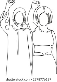 One continuous single drawing line art flat doodle  muslim, protester, flag demonstration, protest, people, rally, woman, politics, islam, europe. Isolated image hand draw contour on a white backgroun