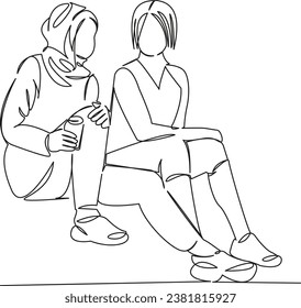 One continuous single drawing line art flat doodle  muslim, girl, woman, female, islam, jewish, teenager, teamwork, friendship. Isolated image hand draw contour on a white background
