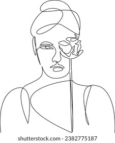 One continuous single drawing line art flat doodle  woman, flower, face, fashion, girl, floral, beauty. Isolated image hand draw contour on a white background

