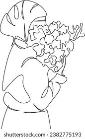 One continuous single drawing line art flat doodle  woman, muslim, girl, hijab, female, beautiful, flower, islam. Isolated image hand draw contour on a white background
