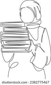 Una línea de dibujo continua de arte de doodle plano musulmán, chica, libro, hijab, árabe, joven, mujer, estudiante, estudio. Contorno de dibujo a mano de imagen aislada en un fondo blanco
