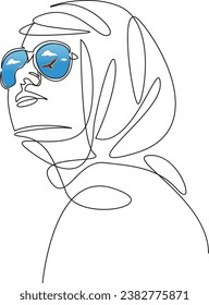 Una línea de dibujo continua de arte de doodle plano de color minimalismo, chica, gafas de sol, musulmán, joven, mujer, moda, gafas. Contorno de dibujo a mano de imagen aislada en un fondo blanco
