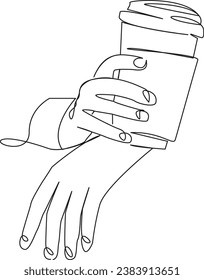 One continuous single drawing line art flat doodle  hand, coffee, drink, cup, woman, beverage, food, cafe. Isolated image hand draw contour on a white background
