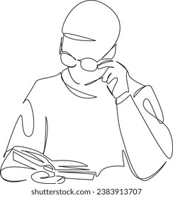 One continuous single drawing line art flat doodle  male, young, guy, smart, man, student, glasses, spectacles, fun. Isolated image hand draw contour on a white background
