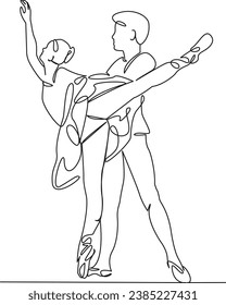 Una línea de dibujo continua de arte de doodle plano bailarina, ballet, mujer, hombre, elegancia, pareja, joven, clásico, gracia. Contorno de dibujo a mano de imagen aislada en un fondo blanco
