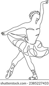 One continuous single drawing line art flat doodle  beautiful, dance, dancer, girl, ballerina, ballet, female, elegance, tutu. Isolated image hand draw contour on a white background
