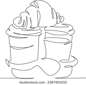 One continuous single drawing line art flat doodle croissant, food, snack, coffee, breakfast, morning, bakery, cup, cafe. Isolated image hand draw contour on a white background
