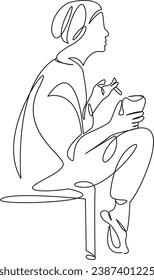 One continuous single drawing line art flat doodle wine, girl, female, young, woman, alcohol, glass, cigarette, beverage. Isolated image hand draw contour on a white background
