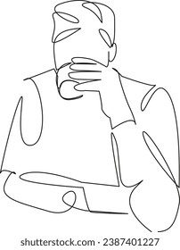 One continuous single drawing line art flat doodle man, coffee, drink, cup, tea, male, lifestyle, calm, enjoy. Isolated image hand draw contour on a white background
