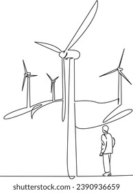 One continuous single drawing line art flat doodle hand, turbine, energy, renewable, wind, sustainable, industry, electricity, ecology, windmill. Isolated image hand draw contour on a white background