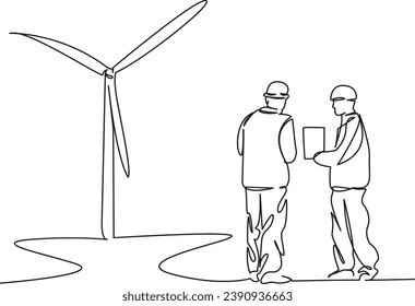 One continuous single drawing line art flat doodle worker, energy, turbine, environmental, windmill, renewable, generator, man,  electricity. Isolated image hand draw contour on a white   background
