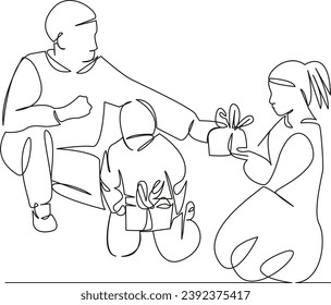 One continuous single drawing line art flat doodle  family, gift, holiday, together, christmas, child, surprise, celebration, children. Isolated image hand draw contour on a white background
