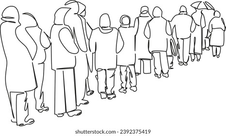 One continuous single drawing line art flat doodle  queue, waiting, crowd, line, long, group, business, people, standing, distance. Isolated image hand draw contour on a white background
