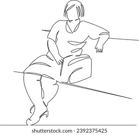 One continuous single drawing line art flat doodle   fat, woman, lifestyle, bench, outdoor, sitting, adult, overweight, park, weight. Isolated image hand draw contour on a white background
