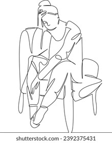 One continuous single drawing line art flat doodle  woman, female, girl, pensive, chair, comfort chair, person, thinking. Isolated image hand draw contour on a white background
