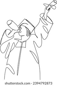 One continuous single drawing line art flat doodle  champagne, student, happy, people, school, graduation, success, college, graduate. Isolated image hand draw contour on a white background
