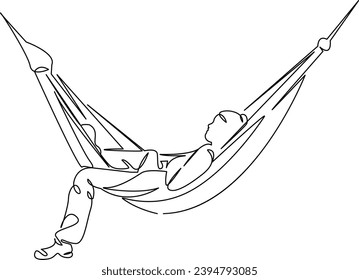 One continuous single drawing line art flat doodle  hammock, girl, outdoor, female, summer, person, beautiful, vacation, leisure. Isolated image hand draw contour on a white background
