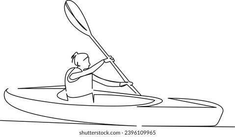 One continuous single drawing line art flat doodle  outdoor, kayak, sport, adventure, canoe, recreation, boat, girl. Isolated image hand draw contour on a white background, hand drawn, not AI
