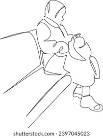 One continuous single drawing line art flat doodle grandma, city, travel, public, people, transportation, street, urban, passenger. Isolated image hand draw contour on a white background, hand drawn, 