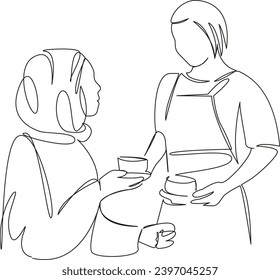 One continuous single drawing line art flat doodle  woman, cafe, female, restaurant, young, waitress, lunch, coffee, muslim. Isolated image hand draw contour on a white background, hand drawn, not AI
