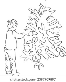 One continuous single drawing line art flat doodle  holiday, indoor, christmas, boy,  december, tree, xmas, ball, decoration. Isolated image hand draw contour on a white background, hand drawn, not AI