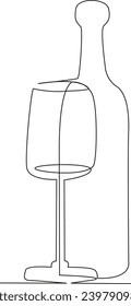 One continuous single drawing line art flat doodle  glass, drink, wine, bottle, alcohol, beverage, merlot, wineglass. Isolated image hand draw contour on a white background, hand drawn, not AI
