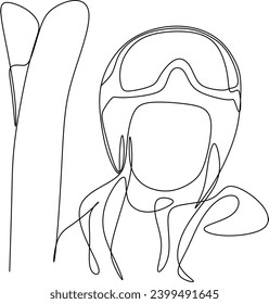 One continuous single drawing line art flat doodle ski, girl, winter, mountain, snow. Isolated image hand draw contour on a white background .Without artificial intelligence