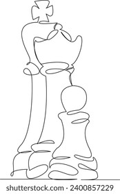 One continuous single drawing line art flat doodle pawn, queen, chess, king, success, game, black, white. Isolated image hand draw contour on a white background, hand drawn, not AI
