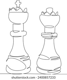 One continuous single drawing line art flat doodle queen, king, strategy, play, chess, game, two, black, white. Isolated image hand draw contour on a white background, hand drawn, not AI
