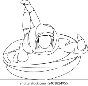 One continuous single drawing line art flat doodle  outdoor, slide, snow, winter, people, fun, young, tubing, active, girl. Isolated image hand draw contour on a white background
