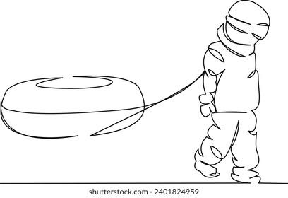 One continuous single drawing line art flat doodle holiday, fun, snow, winter, slide, child, kid, play, sled, leisure. Isolated image hand draw contour on a white background
