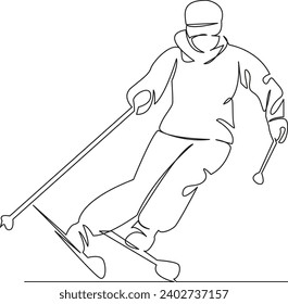 One continuous single drawing line art flat doodle mountain, girl, ski, snow, winter, sport, down, speed, cold. Isolated image hand draw contour on a white background, hand drawn, not AI
