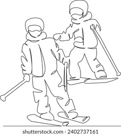 One continuous single drawing line art flat doodle mountain, outdoor, snow, little, kid, winter, ski, boy, skier, sport. Isolated image hand draw contour on a white background, hand drawn, not AI
